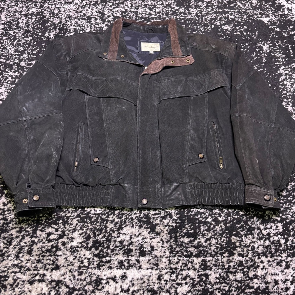 Vintage GreatLand Black Leather Bomber Jacket Mens XL Distressed Suede Biker